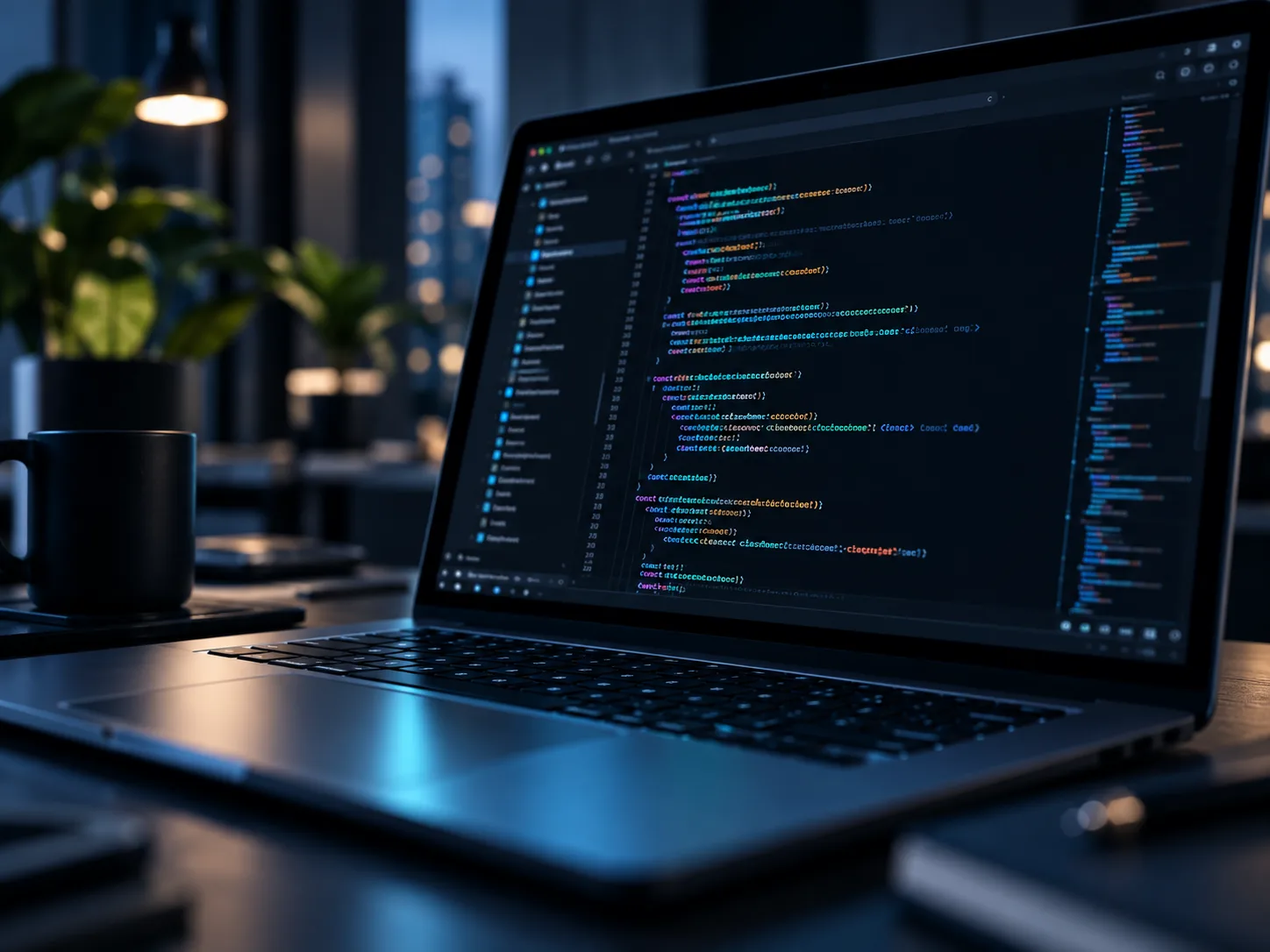 Portátil con código en una oficina nocturna