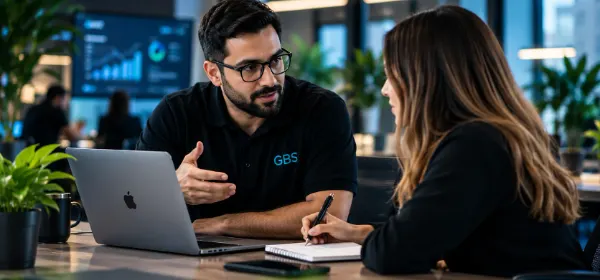 Consultora digital en reunion con un cliente en una oficina moderna
