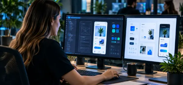 Disenadora de UX trabajando frente a una pantalla de diseno