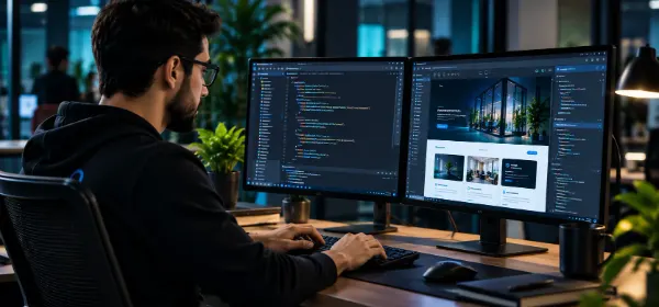 Desarrollador web programando con dos monitores en una oficina